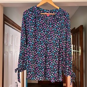 Lilly Pulitzer Silk V Neck Top Blouse Size Med Colorful Cheetah Print Bows